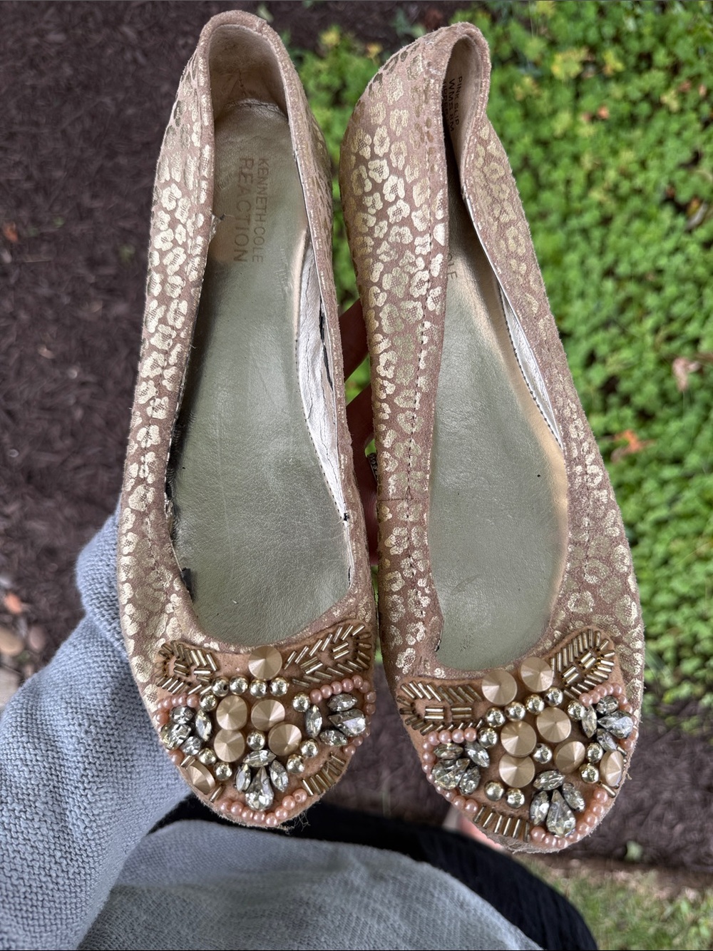 Kenneth Cole Reaction Taupe Beige Jeweled Ballet Flats